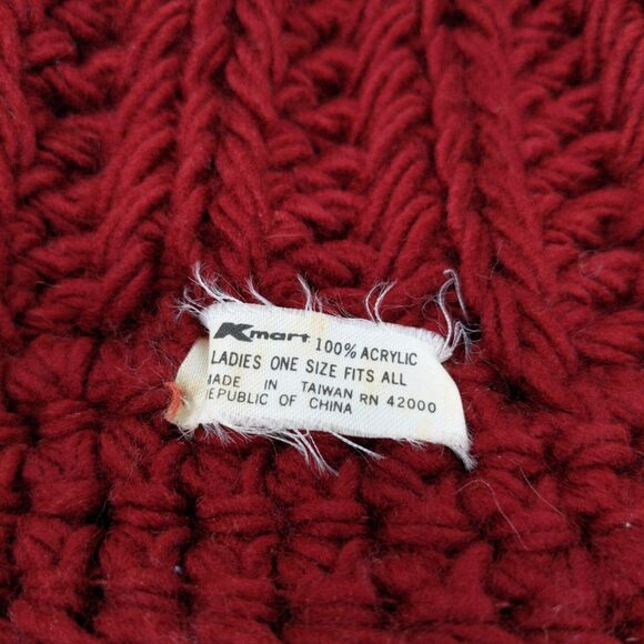 KMart 100% Acrylic Ladies Crochet Beanie Hat Cap Red OSFA Cable Knit - Picture 9 of 10